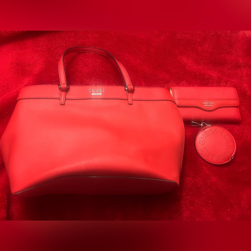 GUESS Bold Red Tote Bag with Wallet and Coin Pouch